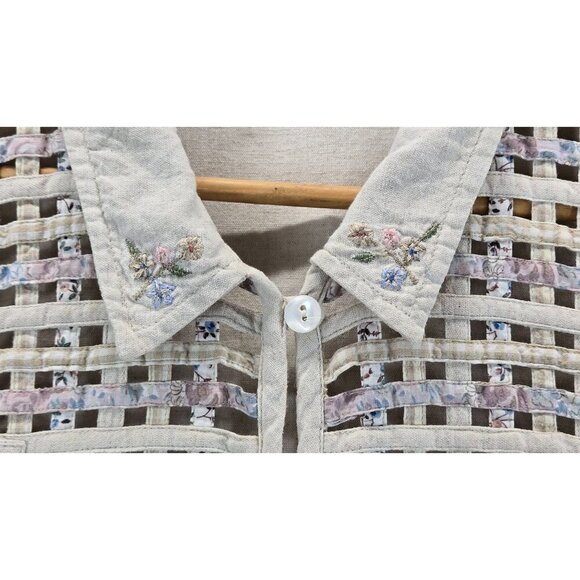VTG 90s Woven Vest Cream Cotton Linen 2X Victoria Jones Woman Floral Embroidery - Picture 12 of 15
